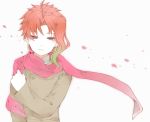  1boy coat earrings half-closed_eyes highres jewelry jojo_no_kimyou_na_bouken kakyouin_noriaki male_focus petals pink_scarf redhead rose_petals scarf smile solo upper_body violet_eyes yashiro_(tomapiro) 