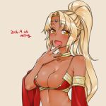  bare_shoulders blonde_hair blush breasts brown_background choker circlet dark_skin dated detached_sleeves large_breasts long_hair lowres miniru ponytail sasha_(sennen_sensou_aigis) sennen_sensou_aigis upper_body yawning yellow_eyes 