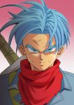  1boy blue_eyes blue_hair dirty_face dragon_ball dragon_ball_super frown highres jacket male_focus neckerchief portrait serious solo sword trunks_(dragon_ball) weapon yuu_ms1974 