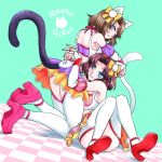  2girls :3 animal_ears blue_eyes bow bridal_gauntlets brown_hair cat_(battle_cats) cat_ears cat_hair_ornament cat_tail detached_sleeves dutch_angle english from_behind hair_bow hair_ornament high_heels hug idol juliet_sleeves long_sleeves moneko_(battle_cats) multiple_girls neneko_(battle_cats) nyanko_daisensou older puffy_sleeves purple_hair short_hair siblings sisters skirt sleeveless smile tail thigh-highs tile_floor tiles wonome 