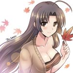  1girl ahoge artist_name autumn_leaves bare_shoulders breasts brown_eyes brown_hair cleavage collarbone commentary_request eyebrows eyebrows_visible_through_hair falling_leaves hair_intakes highres holding_leaf kantai_collection leaf long_hair looking_at_viewer medium_breasts sarashi shouhou_(kantai_collection) smile solo the-sinner upper_body white_background 