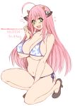  1girl :d ahoge angelo_(gomahangetsu) animal_ears bikini blue_bikini borrowed_character breasts cleavage cow_ears cow_horns cow_print fang green_eyes heart high_heels highres horns kneeling long_hair looking_at_viewer navel open_mouth original pink_hair simple_background smile solo swimsuit white_background 