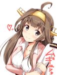  1boy 1girl admiral_(kantai_collection) ahoge aikawa_ryou alternate_costume blush breasts brown_hair casual cleavage closed_mouth collarbone commentary_request double_bun epaulettes fingernails from_above headgear heart highres holding_arm jacket kantai_collection kongou_(kantai_collection) large_breasts long_hair pink_jacket shirt simple_background smile text translation_request uniform violet_eyes white_background white_shirt 