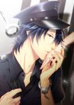  1boy cuffs eri_(happpychamp) glasses hand_kiss handcuffs hat key kiss oshitari_yuushi police police_hat police_uniform solo_focus tennis_no_ouji-sama uniform 