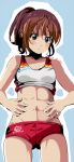  1girl abs bare_arms bare_shoulders brown_eyes brown_hair buruma commentary_request looking_at_viewer lowres okuba original pointy_ears ponytail simple_background solo track_and_field 