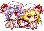 2girls bat_wings blonde_hair blue_hair blush_stickers bow chibi dress flandre_scarlet frilled_skirt frills full_body hair_between_eyes hands_on_own_knees hat hat_ribbon looking_at_viewer mary_janes mob_cap multiple_girls puffy_short_sleeves puffy_sleeves red_bow red_eyes red_ribbon red_shoes red_skirt remilia_scarlet ribbon ribbon_trim shinobu_shinobu shoes short_hair short_sleeves side_ponytail simple_background sitting skirt smile socks touhou white_background white_dress white_hat white_legwear wings 