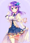  1girl anemone_(flower_knight_girl) blue_skirt blush capelet cowboy_shot flower_knight_girl houzuki_michiru looking_at_viewer purple_background purple_hair shirt short_hair skirt smile solo wrist_extended wrist_flexed yellow_eyes 