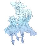  2girls :d animal_ears bangs blush braid breasts cat_ears cleavage closed_mouth covered_navel doraf dress erun_(granblue_fantasy) ff_gradient flower granblue_fantasy hair_between_eyes hair_tubes hat hat_flower height_difference heles horns kumuyu large_breasts long_hair low_twintails multiple_girls one-piece_swimsuit open_mouth sandals sarong shitomi short_dress simple_background single_braid smile sun_hat swimsuit twintails twitter_username walking white_background 