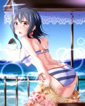  1girl :o ass beach_umbrella bikini black_hair blush bowl dani_(kamenoaru) fence food hair_ornament highres ice_cream kantai_collection leaning_forward looking_at_viewer looking_to_the_side ocean red_eyes sarong short_hair side-tie_bikini solo spoon striped striped_bikini swimsuit umbrella yamashiro_(kantai_collection) 