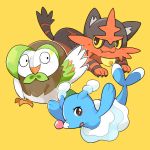  beak brionne closed_mouth dartrix looking_at_viewer no_humans open_mouth orange_background pokemon pokemon_(game) pokemon_sm pose tail torracat wings zrae 