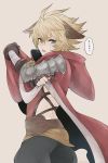  1boy animal_ears artist_name blonde_hair blue_eyes blush brown_gloves cloak erun_(granblue_fantasy) fingerless_gloves gloves granblue_fantasy gucha_(netsu) hood hooded_cloak looking_at_viewer male_focus open_mouth pink_background signature simple_background solo stan_(grandblue_fantasy) sweatdrop undressing 