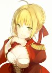  1girl :d ahoge bangs blonde_hair braid breasts cleavage cleavage_cutout clenched_hand collarbone dress epaulettes eyebrows fate/extra fate_(series) french_braid green_eyes hair_intakes hair_ribbon hand_on_own_chin looking_at_viewer lpip medium_breasts open_mouth red_dress red_ribbon ribbon saber_extra simple_background smile solo underbust white_background 