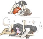  !? &gt;_&lt; 2girls 2koma absurdres ahoge black_hair black_skirt blush bow brown_eyes brown_hair closed_eyes closed_mouth comic ear_blush full_body hair_bow headband hibari_(horse809cat) highres holding_cat japanese_clothes kantai_collection long_hair low-tied_long_hair lying motion_lines multiple_girls on_back outstretched_arms pink_bow shouhou_(kantai_collection) sketch skirt socks thigh-highs transformation very_long_hair white_legwear yellow_legwear zuihou_(kantai_collection) 