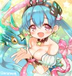  &gt;_&lt; 1girl alrescha_(p&amp;d) armband bare_shoulders blue_hair bracer breasts cleavage closed_eyes collarbone dress earrings jewelry long_hair looking_at_viewer marshmallow_mille medium_breasts necklace purple_hair puzzle_&amp;_dragons ribbon robot shark smile star star_earrings tiara twintails twitter_username 