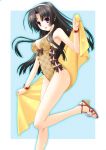  1girl black_hair brace breasts casual_one-piece_swimsuit hairband kimizuka_aoi long_hair medium_breasts one-piece_swimsuit open_clothes open_toe_shoes original shoes standing standing_on_one_leg swimsuit towel violet_eyes yellow_swimsuit 