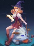  1girl :d absurdres alternate_costume blonde_hair blue_eyes book boots brown_boots doren gloves hat highres hourglass league_of_legends looking_at_viewer luxanna_crownguard nengajou new_year open_book open_mouth poro_(league_of_legends) purple_hat rabadon&#039;s_deathcap smile staff white_gloves zhonya&#039;s_hourglass 