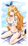  1girl bikini blonde_hair blue_bow bow disgaea front-tie_bikini front-tie_top full_body hair_bow highres iwasi-r liezerota long_hair looking_at_viewer makai_senki_disgaea_5 pool side-tie_bikini sitting smile solo swimsuit tail twitter_username wariza white_bikini yellow_eyes 