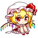  1girl blonde_hair blush_stickers bow chibi flandre_scarlet frilled_skirt frills full_body hands_on_own_knees hat hat_ribbon looking_at_viewer lowres mary_janes mob_cap puffy_short_sleeves puffy_sleeves red_bow red_eyes red_ribbon red_shoes red_skirt ribbon shinobu_shinobu shoes short_sleeves side_ponytail simple_background sitting skirt smile solo touhou white_background white_hat white_legwear wings 