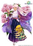  1girl blue_hakama city_forest_online coat flower flower_knight_girl fujibakama_(flower_knight_girl) full_body hair_flower hair_ornament jacket_on_shoulders japanese_clothes kimono long_hair looking_at_viewer mouth_hold object_namesake official_art pink_hair print_hakama sandals see-through solo standing tan white_background yellow_eyes 