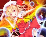  1girl ascot blonde_hair danmaku dutch_angle fang flandre_scarlet frilled_shirt_collar frilled_skirt frilled_vest frills hat hat_ribbon looking_at_viewer magic_circle merukiarisu mob_cap open_mouth outstretched_arm red_eyes red_ribbon red_skirt red_vest ribbon short_sleeves side_ponytail skirt smile solo torn_clothes torn_sleeves touhou white_hat wings 