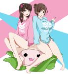  2girls absurdres bangs bare_shoulders black-framed_eyewear breasts brown_eyes brown_hair bunny_hair_ornament bunny_print clenched_hand d.va_(overwatch) eyebrows glasses hair_bun hair_ornament hair_stick hairband hand_up highres large_breasts long_hair long_sleeves looking_at_viewer mei_(overwatch) multiple_girls naked_sweater open_mouth overwatch pink_lips short_hair side_slit smile snowflake_print stuffed_animal stuffed_toy sweater thick_thighs thighs 
