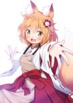  1girl animal_ear_fluff animal_ears apron bangs blonde_hair blush brown_apron commentary_request eyebrows_visible_through_hair fang flower fox_ears fox_girl fox_tail hair_between_eyes hair_flower hair_ornament highres japanese_clothes kimono long_sleeves looking_at_viewer mochiyuki open_mouth outstretched_arms red_flower redhead ribbon-trimmed_sleeves ribbon_trim senko_(sewayaki_kitsune_no_senko-san) sewayaki_kitsune_no_senko-san simple_background sleeves_past_wrists solo spread_arms tail tail_raised white_background white_kimono wide_sleeves yellow_eyes 