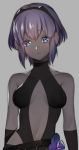  1girl backless_outfit bare_shoulders blue_eyes breasts center_opening closed_mouth dark_skin elbow_sleeve eyebrows_visible_through_hair fate/grand_order fate/prototype fate/prototype:_fragments_of_blue_and_silver fate_(series) hassan_of_serenity_(fate) image_sample looking_at_viewer medium_breasts midriff multicolored multicolored_eyes navel purple_hair red_eyeshadow short_hair simple_background sino42 solo tumblr_sample upper_body violet_eyes 