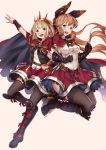  2girls :d aqua_eyes arm_up ascot back-to-back bangs belt black_boots black_gloves black_legwear black_ribbon black_vest blonde_hair blunt_bangs boots bow bracer breasts cagliostro_(granblue_fantasy) cape clarisse_(granblue_fantasy) eyebrows eyebrows_visible_through_hair fang fangs gloves granblue_fantasy hair_ribbon hairband hand_on_hip highres jumping leg_up long_hair looking_at_viewer medium_breasts miniskirt multiple_girls no_bra open_mouth orange_hair pak_ce ponytail red_bow red_skirt ribbon sideboob sidelocks skirt sleeveless smile spikes thigh-highs vest vial violet_eyes zettai_ryouiki 