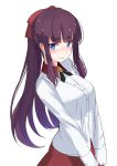  1girl absurdres akasaai bangs blouse blue_eyes blunt_bangs blush bow breasts commentary_request embarrassed hair_bow highres large_breasts long_hair long_sleeves new_game! ponytail purple_hair simple_background solo takimoto_hifumi upper_body v-arms white_background white_blouse 
