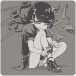  1girl asymmetrical_wings black_dress black_hair dress frustrated grey_background greyscale high_heels hoshi_nawoki houjuu_nue lowres monochrome on_ground pointy_ears short_hair simple_background sitting sitting_on_ground snake_mouth solo touhou wings 