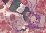  1girl alternate_costume arms_up autumn_leaves black_legwear blurry book closed_mouth coat depth_of_field from_above hair_ornament hair_ribbon highres kuroi_(liar-player) leaf long_hair long_sleeves looking_at_viewer low_twintails lying maple_leaf neck_ribbon on_back on_ground outdoors purple_hair red_ribbon ribbon shadow solo sweater thigh-highs twintails violet_eyes vocaloid voiceroid wing_collar yuzuki_yukari 