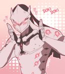  1boy armor artist_name blush blush_stickers bodysuit commentary cyborg genji_(overwatch) hands_on_own_cheeks hands_on_own_face hands_up headband heart helmet ladylillieath looking_at_viewer male_focus mask overwatch power_armor solo sparkle spoken_heart upper_body veil 