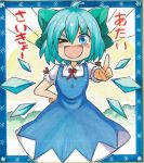  &gt;_o 1girl ahoge aqua_hair atai blue_dress blue_eyes blush bow cirno dress fang flat_chest hair_bow hand_on_hip ice ice_wings marker_(medium) one_eye_closed photo shikishi short_hair short_sleeves solo touhou traditional_media translated wings yagami_(mukage) 