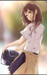  1girl absurdres bag bangs blue_eyes blue_skirt brown_hair carrying_bag character_request clothes_around_waist copyright_request haine highres long_hair looking_at_viewer looking_back pleated_skirt school_bag school_uniform shirt short_sleeves skirt smile solo sweater_around_waist white_shirt 