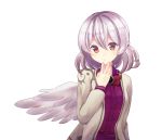  1girl bow bowtie brooch grey_jacket hand_on_own_chin highres jewelry kishin_sagume long_sleeves looking_at_viewer minomushi_(mino_kkgt) purple_shirt red_bow red_bowtie red_eyes shirt short_hair silver_hair simple_background single_wing solo touhou upper_body white_background wings 