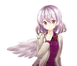  1girl bow bowtie brooch grey_jacket hand_on_own_chin highres jewelry kishin_sagume long_sleeves looking_at_viewer minomushi_(mino_kkgt) purple_shirt red_bow red_bowtie red_eyes shirt short_hair silver_hair simple_background single_wing solo touhou upper_body white_background wings 