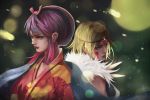  2girls artist_name back-to-back blonde_hair blue_eyes brown_eyes eboshi facepaint fur haori headband japanese_clothes kimono lens_flare lips mole mononoke_hime multiple_girls san short_hair sidelocks watermark wifc 