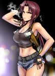  1girl armpits bare_shoulders black_gloves black_lagoon breasts brown_hair cigarette cleavage commentary_request cowboy_shot denim denim_shorts fingerless_gloves gloves groin hair_intakes hand_on_hip highres large_breasts long_hair looking_at_viewer midriff navel okyou ponytail revy_(black_lagoon) short_shorts shorts smoking solo stomach sweat sweatdrop tank_top tattoo yellow_eyes 