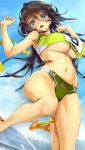  1girl :d armpits arms_up bare_legs black_hair blue_eyes breasts cleavage day hair_between_eyes happoubi_jin highres hips large_breasts long_hair navel open_mouth original outdoors shoes sky smile sneakers solo thighs track_uniform under_boob 