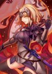  1girl black_gloves black_legwear blonde_hair breasts fate/grand_order fate_(series) gloves helmet highres jeanne_alter looking_at_viewer ruler_(fate/apocrypha) sheath sheathed short_hair smile solo sword thigh-highs torn_clothes tsuki_suigetsu weapon yellow_eyes 