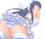  1girl ass bare_shoulders blue_eyes blue_hair detached_sleeves long_hair minakami_(flyingman555) panties panty_&amp;_stocking_with_garterbelt purple_hair simple_background smile solo stocking_(psg) striped striped_panties thigh-highs underwear white_background wings 