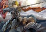  1girl ahoge armor armored_dress blue_eyes breastplate caliburn cape fate/stay_night fate_(series) highres jmx saber solo sword weapon 