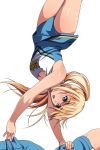  1girl :d arms_up blonde_hair blue_dress blue_eyes blush body_blush breasts cheerleader cleavage clothes_writing dress handstand highres long_hair matsunaga_kouyou medium_breasts open_mouth ponytail shiny shiny_skin simple_background sleeveless smile solo_focus tareme thighs upside-down white_background 