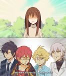  1girl 2koma 4boys 707_(susanghan_messenger) black_hair black_necktie blonde_hair brown_hair closed_eyes comic danshi_koukousei_no_nichijou english faceless faceless_female formal han_jumin headphones headphones_around_neck long_hair multiple_boys necktie orange_hair parody ponytail protagonist_(susanghan_messenger) red_eyes rosel-d suit susanghan_messenger sweatdrop tree turtleneck violet_eyes white_hair yoosong_(susanghan_messenger) zen_(susanghan_messenger) 