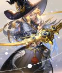 1girl astrologian_(final_fantasy) au_ra card dragon_horns dragon_tail final_fantasy final_fantasy_xiv hat holy_pumpkin horns long_hair looking_at_viewer scales solo tail violet_eyes witch_hat 