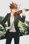  1girl bangs black_jacket black_pants bow_(instrument) brown_hair closed_eyes collared_shirt cowboy_shot dress_shirt instrument jacket legs_apart long_sleeves music neosnim overwatch pants playing_instrument shirt short_hair smile solo spiky_hair tracer_(overwatch) violin white_shirt 