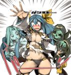  1girl asymmetrical_wings blue_hair blush breasts covering_mouth dizzy green_hair green_skin guilty_gear navel necro_(guilty_gear) ribbon sketch skull sweatdrop tail tail_ribbon torn_clothes translated undine_(guilty_gear) wings ysk! 