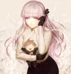  1girl braid character_doll dangan_ronpa dangan_ronpa_3 gloves hair_ribbon highres katorius kirigiri_kyouko long_hair naegi_makoto purple_hair ribbon smile violet_eyes 