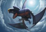  claws clouds cloudy_sky dragon fangs floating garchomp looking_to_the_side no_humans outdoors pokemon sky sun sunlight t@kuyoa 
