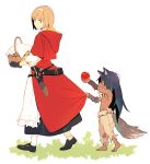  1boy 1girl animal_ears apple apron arm_wraps basket big_bad_wolf_(grimm) black_gloves black_hair black_shoes blonde_hair brown_pants commentary_request fingerless_gloves food fruit gloves green_eyes grimm&#039;s_fairy_tales hairband height_difference highres hood hood_down jandy little_red_riding_hood little_red_riding_hood_(grimm) long_hair looking_up original pants red_cloak red_eyes scabbard sheath shoes short_hair skirt skirt_tug tail tooth_necklace torn_clothes torn_pants waist_apron white_apron white_hairband white_legwear wolf_boy wolf_ears wolf_tail 